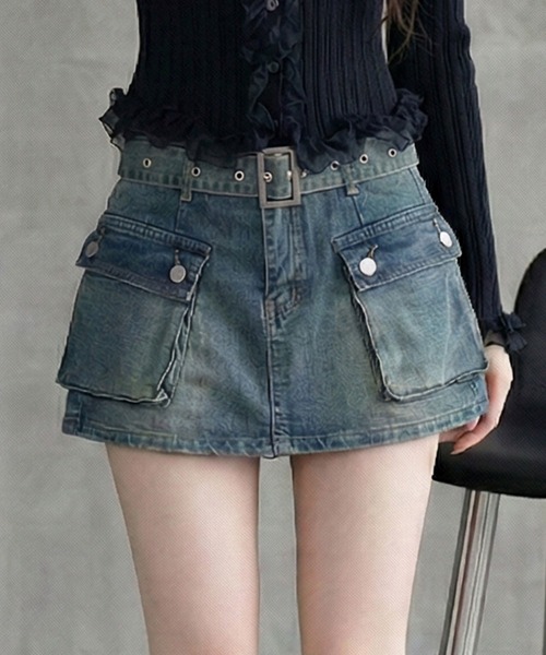 Diable baiser(ディアブルベーゼ)の「スカート見え×ショートパンツ ベルト付ハイウエストカーゴスカパン(デニムパンツ・レディース・ブルー/ブラック/ブラウン・3L/LARGE/MEDIUM)」の1枚目の写真