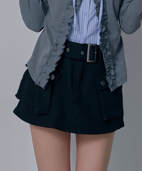 Diable baiser(ディアブルベーゼ)の「スカート見え×ショートパンツ ベルト付ハイウエストカーゴスカパン(デニムパンツ・レディース・ブルー/ブラック/ブラウン・3L/LARGE/MEDIUM)」の2枚目の写真