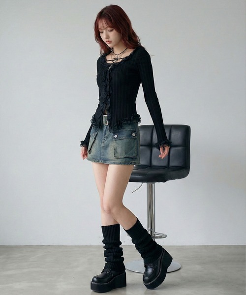 Diable baiser(ディアブルベーゼ)の「スカート見え×ショートパンツ ベルト付ハイウエストカーゴスカパン(デニムパンツ・レディース・ブルー/ブラック/ブラウン・3L/LARGE/MEDIUM)」の15枚目の写真