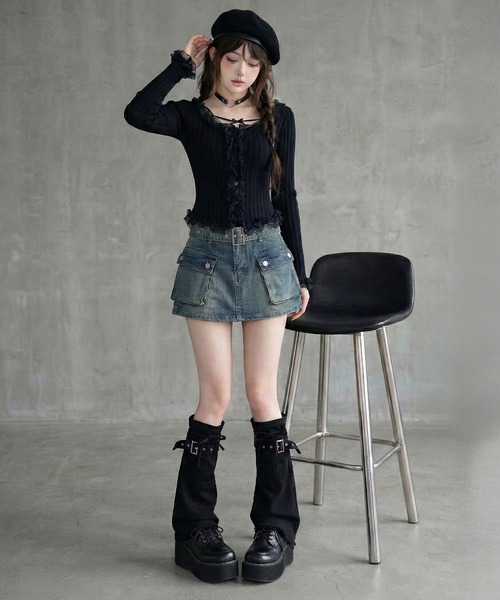 Diable baiser(ディアブルベーゼ)の「スカート見え×ショートパンツ ベルト付ハイウエストカーゴスカパン(デニムパンツ・レディース・ブルー/ブラック/ブラウン・3L/LARGE/MEDIUM)」の16枚目の写真