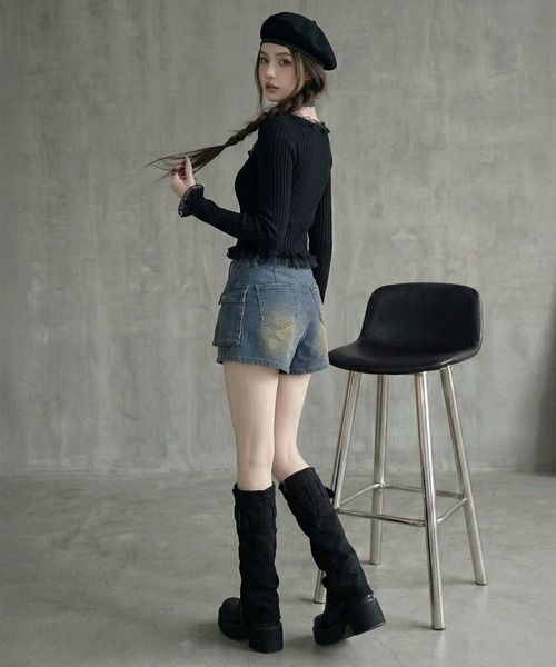 Diable baiser(ディアブルベーゼ)の「スカート見え×ショートパンツ ベルト付ハイウエストカーゴスカパン(デニムパンツ・レディース・ブルー/ブラック/ブラウン・3L/LARGE/MEDIUM)」の17枚目の写真