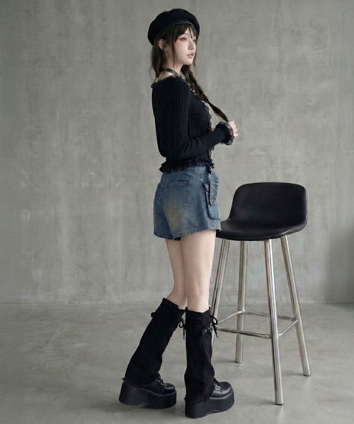 Diable baiser(ディアブルベーゼ)の「スカート見え×ショートパンツ ベルト付ハイウエストカーゴスカパン(デニムパンツ・レディース・ブルー/ブラック/ブラウン・3L/LARGE/MEDIUM)」の18枚目の写真