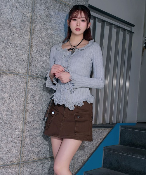 Diable baiser(ディアブルベーゼ)の「スカート見え×ショートパンツ ベルト付ハイウエストカーゴスカパン(デニムパンツ・レディース・ブルー/ブラック/ブラウン・3L/LARGE/MEDIUM)」の6枚目の写真