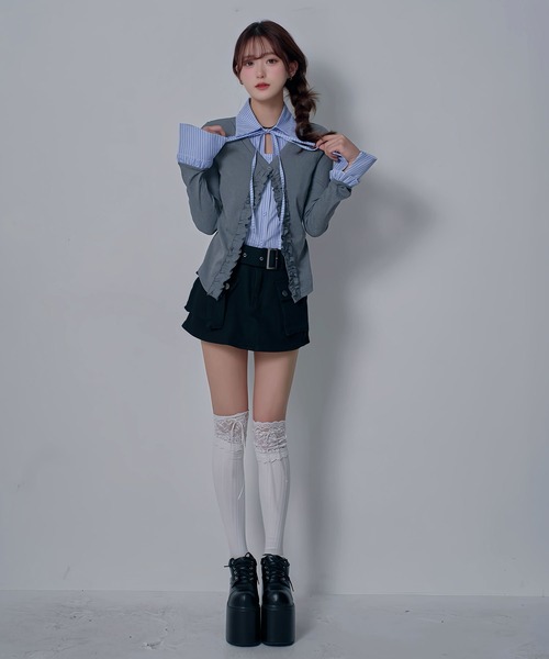 Diable baiser(ディアブルベーゼ)の「スカート見え×ショートパンツ ベルト付ハイウエストカーゴスカパン(デニムパンツ・レディース・ブルー/ブラック/ブラウン・3L/LARGE/MEDIUM)」の9枚目の写真