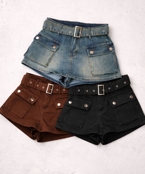 Diable baiser(ディアブルベーゼ)の「スカート見え×ショートパンツ ベルト付ハイウエストカーゴスカパン(デニムパンツ・レディース・ブルー/ブラック/ブラウン・3L/LARGE/MEDIUM)」の20枚目の写真