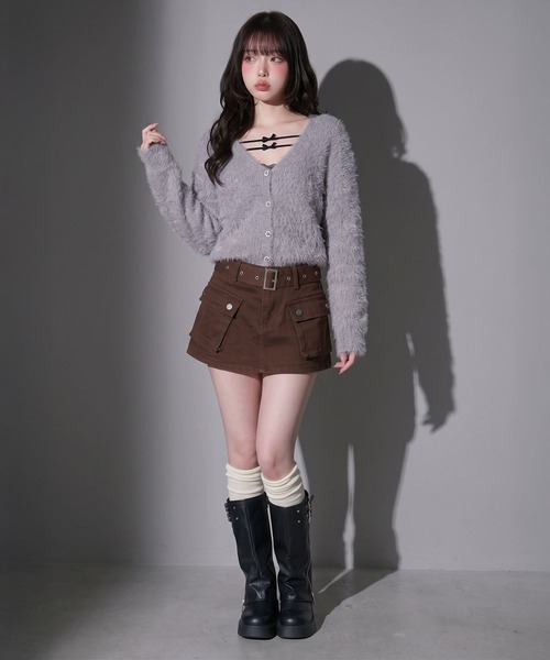 Diable baiser（ディアブルベーゼ）の「スカート見え×ショートパンツ ベルト付ハイウエストカーゴスカパン（デニムパンツ・レディース・ブルー/ブラック/ブラウン・3L/LARGE/MEDIUM）」の13枚目の写真