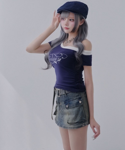 Diable baiser（ディアブルベーゼ）の「スカート見え×ショートパンツ ベルト付ハイウエストカーゴスカパン（デニムパンツ・レディース・ブルー/ブラック/ブラウン・3L/LARGE/MEDIUM）」の17枚目の写真