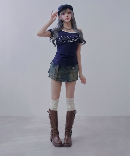 Diable baiser（ディアブルベーゼ）の「スカート見え×ショートパンツ ベルト付ハイウエストカーゴスカパン（デニムパンツ・レディース・ブルー/ブラック/ブラウン・3L/LARGE/MEDIUM）」の16枚目の写真