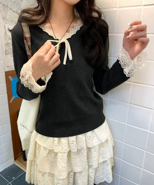 MAISON DE THERESE(メゾン ド テレーズ)の「V ネックニット レース付き 柔らか フェミニン 着回し 日常(ニット/セーター・レディース・ピンク/ベージュ/ブラック/アイボリー・S/M/L)」の3枚目の写真