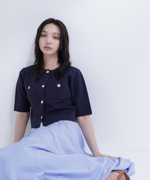 NATURAL BEAUTY BASIC（ナチュラルビューティーベーシック）の「エンブレムボタンニットジャケット半袖（カーディガン/ボレロ・レディース・オリーブ/オフホワイト/ネイビー/ダークブラウン・FREE）」の4枚目の写真