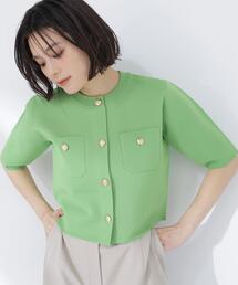 エンブレムボタンニットジャケット半袖