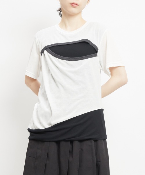gomme（ゴム）の「80/2強撚天竺　強撚カッティングＴ（Tシャツ/カットソー・レディース・ホワイト×ブラック/ブラック×ホワイト/ブラック×イエロー・MEDIUM）」の2枚目の写真