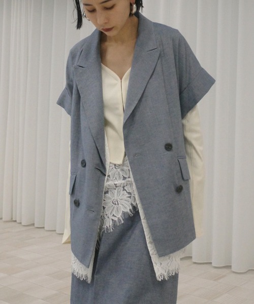 Ameri(アメリ)の「MELANGE LACE VEST LAYERED JACKET(ノーカラージャケット・レディース・ブルー/アイボリー・SMALL/MEDIUM)」の2枚目の写真