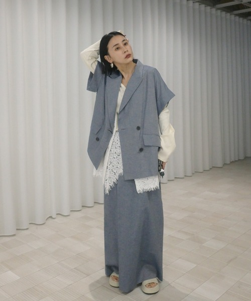 Ameri(アメリ)の「MELANGE LACE VEST LAYERED JACKET(ノーカラージャケット・レディース・ブルー/アイボリー・SMALL/MEDIUM)」の9枚目の写真