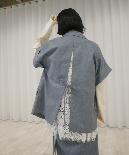 Ameri(アメリ)の「MELANGE LACE VEST LAYERED JACKET(ノーカラージャケット・レディース・ブルー/アイボリー・SMALL/MEDIUM)」の7枚目の写真
