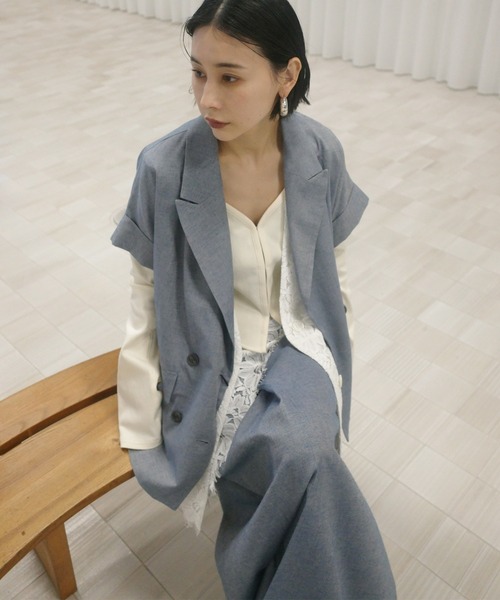 Ameri(アメリ)の「MELANGE LACE VEST LAYERED JACKET(ノーカラージャケット・レディース・ブルー/アイボリー・SMALL/MEDIUM)」の10枚目の写真