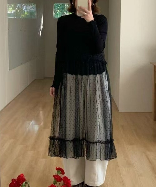 gossip!ロサンゼルス(ゴシップロサンゼルス)の「シアーキャミソールワンピース(ワンピース・レディース・ブラック/ホワイト・FREE)」の4枚目の写真