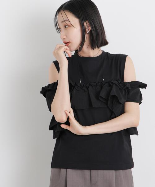 NANO universe（ナノユニバース）の「3wayデザインフリルコンビカットトップス（Tシャツ/カットソー・レディース・ブラック/ベージュ/ホワイト・FREE）」の6枚目の写真