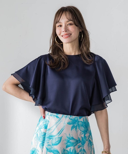 Viaggio Blu（ビアッジョブルー）の「ラッフルスリーブブラウス（シャツ/ブラウス・レディース・ホワイト/ネイビー・M）」の2枚目の写真