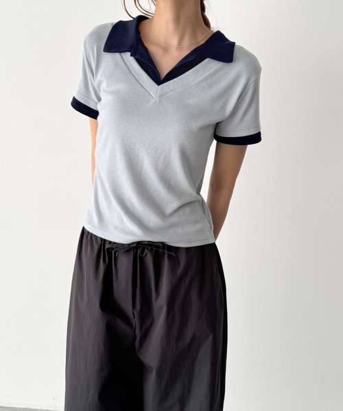 CANAL JEAN(キャナルジーン)の「El mar レイヤード半袖ポロシャツ(ポロシャツ・レディース・ネイビー/サックスブルー・ONE SIZE)」の2枚目の写真