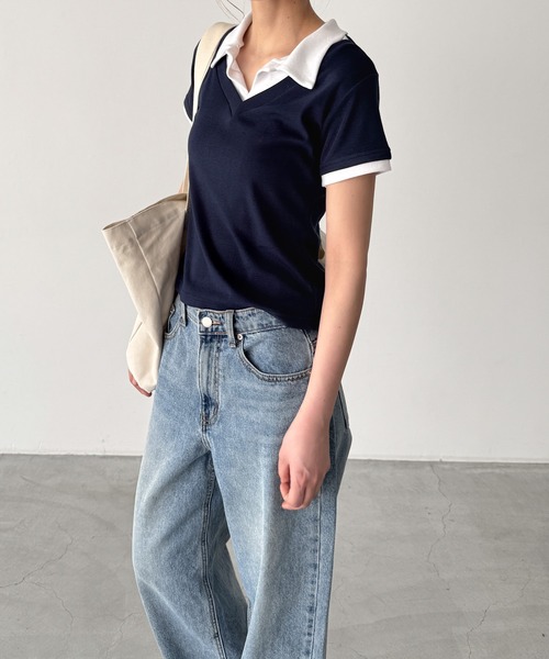 CANAL JEAN(キャナルジーン)の「El mar レイヤード半袖ポロシャツ(ポロシャツ・レディース・ネイビー/サックスブルー・ONE SIZE)」の3枚目の写真