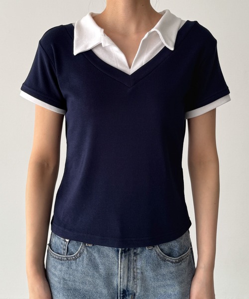 CANAL JEAN(キャナルジーン)の「El mar レイヤード半袖ポロシャツ(ポロシャツ・レディース・ネイビー/サックスブルー・ONE SIZE)」の9枚目の写真