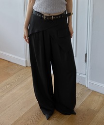 【アシンメトリーラップスカートスラックス&ベルトSET】ベーシックシルエットアシンメトリーレイヤードラップスカートスラックス