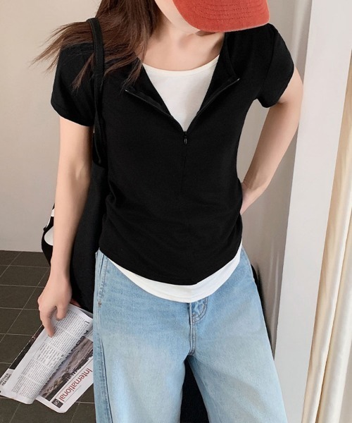 mielu(ミエル)の「フロントジップVネックカットソー(Tシャツ/カットソー・レディース・ブラック/ブラウン/グレー・LARGE/MEDIUM)」の13枚目の写真