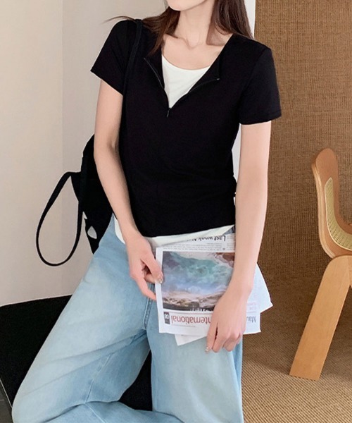 mielu(ミエル)の「フロントジップVネックカットソー(Tシャツ/カットソー・レディース・ブラック/ブラウン/グレー・LARGE/MEDIUM)」の12枚目の写真