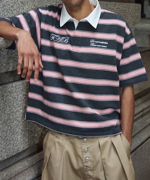 kutir(クティール)の「EMBROIDERED DESIGN BORDER RUGBY SHIRT/刺繍デザインボーダーラガーシャツ(ポロシャツ・メンズ・杢グレー/ネイビー/チャコールグレー・MEDIUM/LARGE)」の2枚目の写真