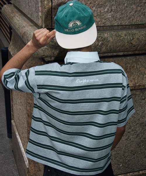 kutir(クティール)の「EMBROIDERED DESIGN BORDER RUGBY SHIRT/刺繍デザインボーダーラガーシャツ(ポロシャツ・メンズ・杢グレー/ネイビー/チャコールグレー・MEDIUM/LARGE)」の4枚目の写真