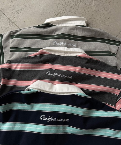 kutir(クティール)の「EMBROIDERED DESIGN BORDER RUGBY SHIRT/刺繍デザインボーダーラガーシャツ(ポロシャツ・メンズ・杢グレー/ネイビー/チャコールグレー・MEDIUM/LARGE)」の12枚目の写真