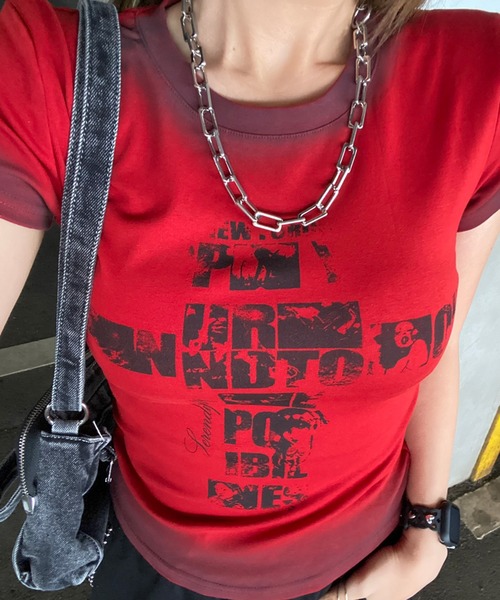 non-hedge(ノンヘッジ)の「クロス風カスレロゴTシャツ(Tシャツ/カットソー・レディース・ブラック/オフホワイト/グレー/ネイビー/レッド・FREE)」の2枚目の写真