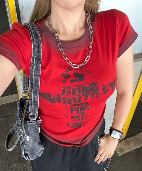 non-hedge(ノンヘッジ)の「クロス風カスレロゴTシャツ(Tシャツ/カットソー・レディース・ブラック/オフホワイト/グレー/ネイビー/レッド・FREE)」の6枚目の写真