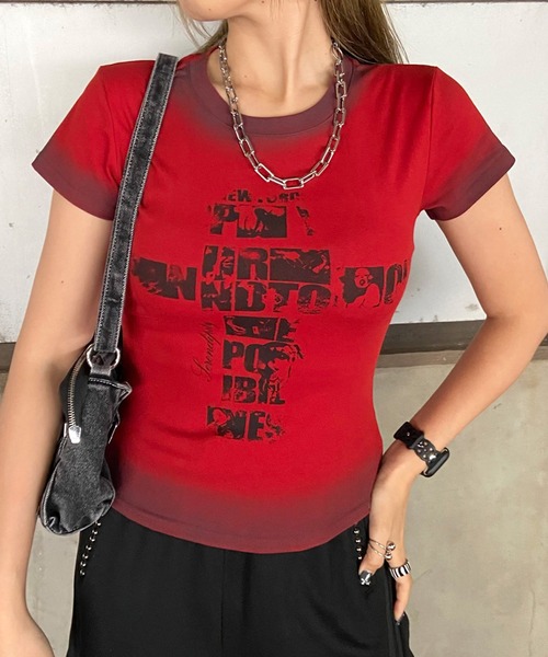 non-hedge(ノンヘッジ)の「クロス風カスレロゴTシャツ(Tシャツ/カットソー・レディース・ブラック/オフホワイト/グレー/ネイビー/レッド・FREE)」の9枚目の写真
