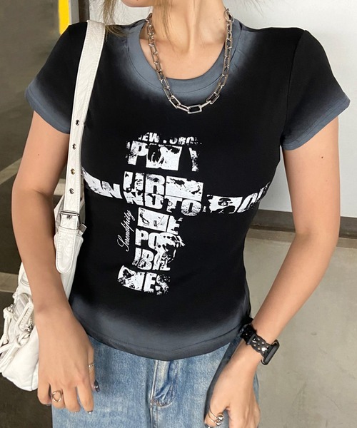 non-hedge(ノンヘッジ)の「クロス風カスレロゴTシャツ(Tシャツ/カットソー・レディース・ブラック/オフホワイト/グレー/ネイビー/レッド・FREE)」の21枚目の写真