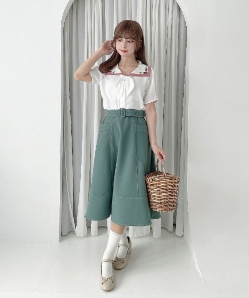 F i.n.t（フィント）の「ベルト付き配色ステッチAラインスカート/fint フィント（スカート・レディース・ネイビー/グリーン/コーラルピンク・FREE）」の9枚目の写真