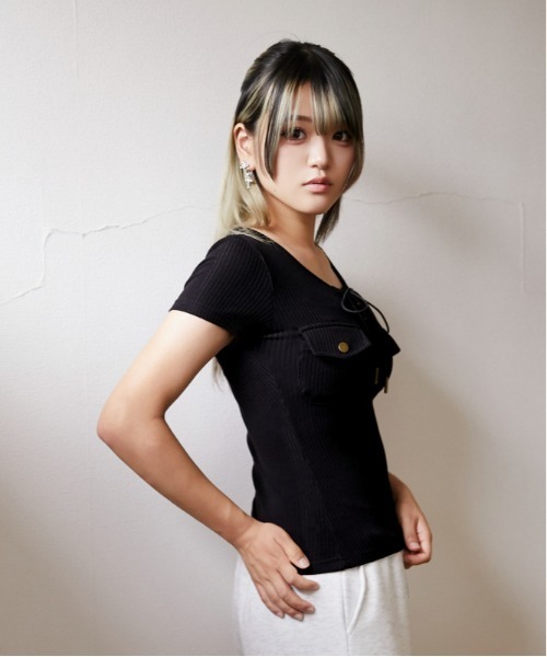 GORGE(ゴージ)の「《フロントレースアップ×リブトップス》カットソー/フェミニン×Y2K/春夏/全3色(Tシャツ/カットソー・レディース・オフホワイト/ブルー/ブラック・F)」の14枚目の写真