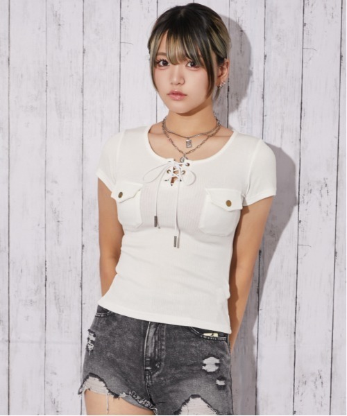 GORGE(ゴージ)の「《フロントレースアップ×リブトップス》カットソー/フェミニン×Y2K/春夏/全3色(Tシャツ/カットソー・レディース・オフホワイト/ブルー/ブラック・F)」の16枚目の写真