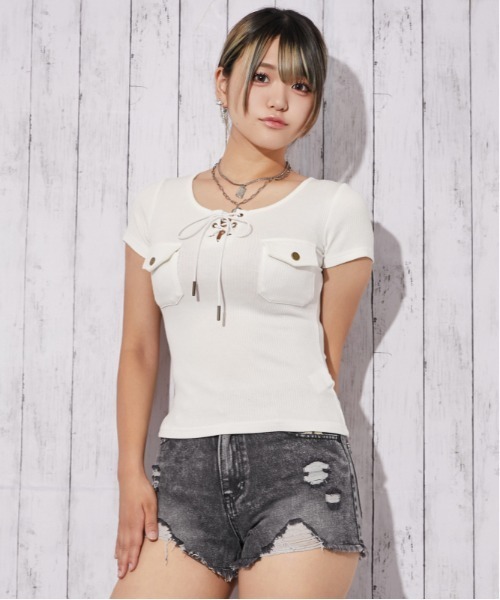 GORGE(ゴージ)の「《フロントレースアップ×リブトップス》カットソー/フェミニン×Y2K/春夏/全3色(Tシャツ/カットソー・レディース・オフホワイト/ブルー/ブラック・F)」の18枚目の写真