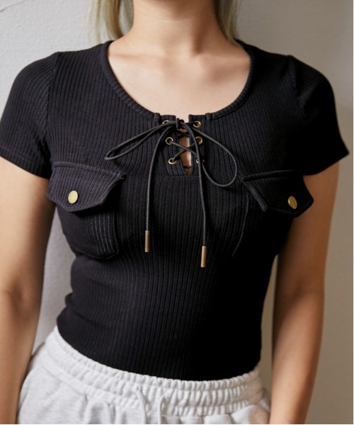 GORGE(ゴージ)の「《フロントレースアップ×リブトップス》カットソー/フェミニン×Y2K/春夏/全3色(Tシャツ/カットソー・レディース・オフホワイト/ブルー/ブラック・F)」の21枚目の写真