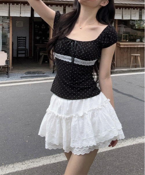 gossip！ロサンゼルス（ゴシップロサンゼルス）の「【Y2Kガーリー】  ドット柄レース切り替えパフスリーブトップス（リボン付き）（Tシャツ/カットソー・レディース・ドット・M）」の12枚目の写真