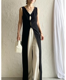 ノースリーブ タイト ロング丈 ツイスト フロントスリット タンクトップリブワンピース