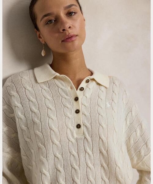 POLO RALPH LAUREN（ポロ ラルフ ローレン）の「ケーブル ウールカシミヤ ポロカラー セーター（ニット/セーター・レディース・ホワイト・S/M/XS）」の6枚目の写真