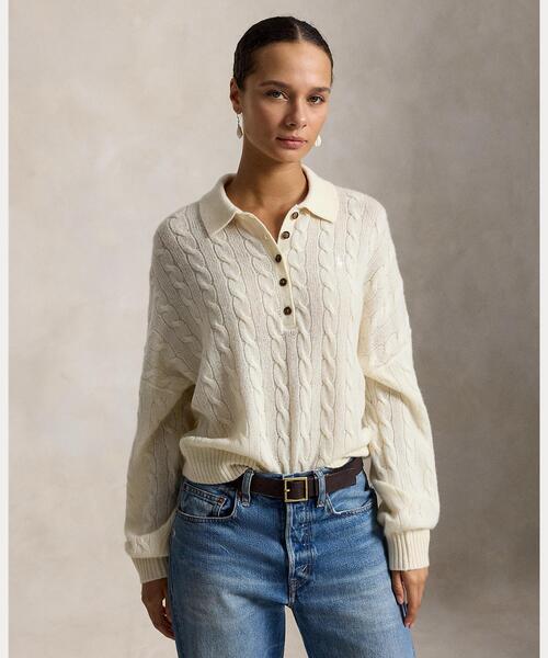 POLO RALPH LAUREN（ポロ ラルフ ローレン）の「ケーブル ウールカシミヤ ポロカラー セーター（ニット/セーター・レディース・ホワイト・S/M/XS）」の5枚目の写真
