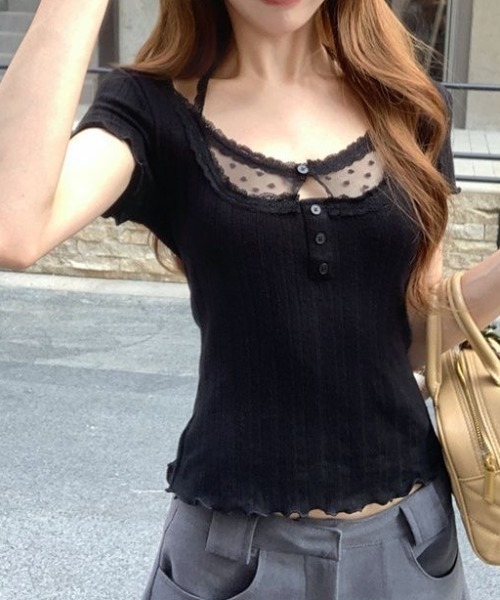 ViViDAY(ビビデー)の「レースinレイヤード風tシャツ(Tシャツ/カットソー・レディース・ブラック・M)」の1枚目の写真