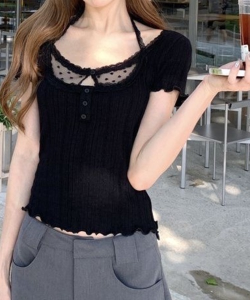 ViViDAY(ビビデー)の「レースinレイヤード風tシャツ(Tシャツ/カットソー・レディース・ブラック・M)」の7枚目の写真
