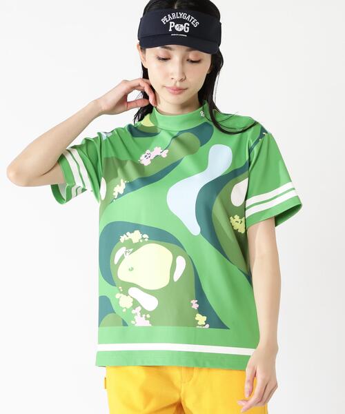 PEARLY GATES（パーリーゲイツ）の「【PEARLY GATES】ゴルフ場柄Ny4WAYトリコット半袖ハイネックカットソー［Relaxシルエット]（Tシャツ/カットソー・レディース・ブルー系その他/グリーン系その他2・MEDIUM/SMALL）」の2枚目の写真