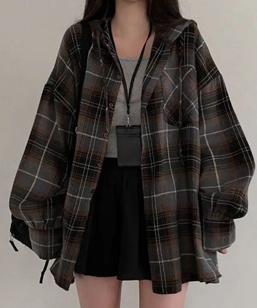 GLAMOROUS JANE(グラマラスジェーン)の「オーバーサイズチェックフード付シャツ(シャツ/ブラウス・レディース・ブラウン/グレー・FREE)」の20枚目の写真
