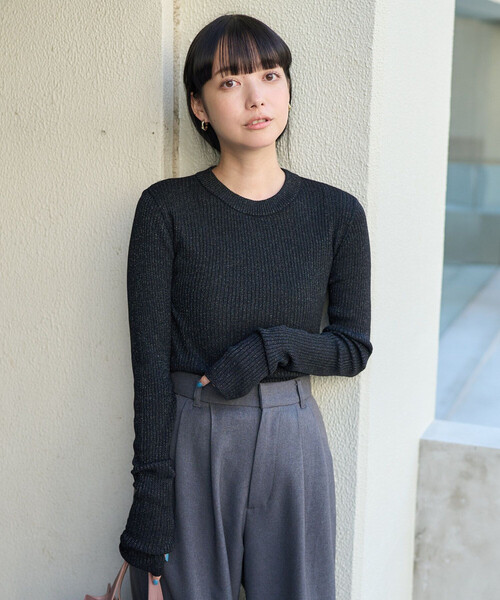 FREAK'S STORE（フリークスストア）の「ウォッシャブル ラメ クルーネックニット/洗えるニット/リブニット（ニット/セーター・レディース・ワイン/オフホワイト/ネイビー/ブラック・ﾌﾘ-）」の3枚目の写真